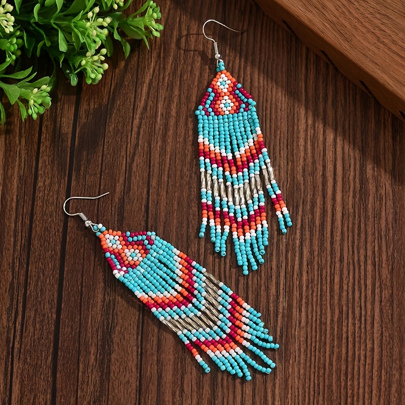 Ethnic-Style Long Geometric Tassel Seed Bead Earrings